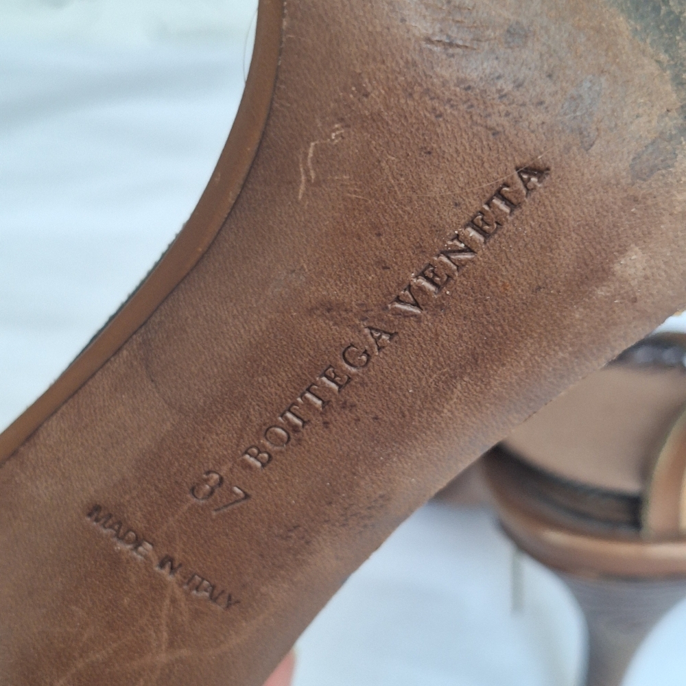 BOTTEGA VENETA TLC Tan Stiletto Heel Strappy Sandals Size 37/US 7 - Picture 8 of 14